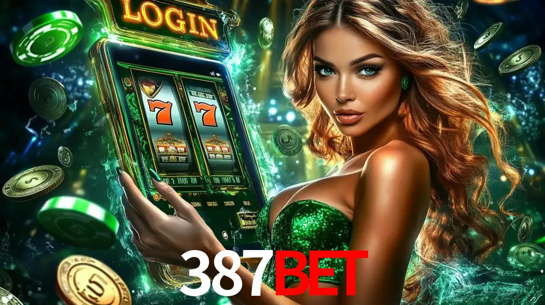 Mulher com tema verde apresentando o aplicativo do cassino 387bet com um jogo de slot de 777, cercada por fichas de cassino e uma aura de sorte.