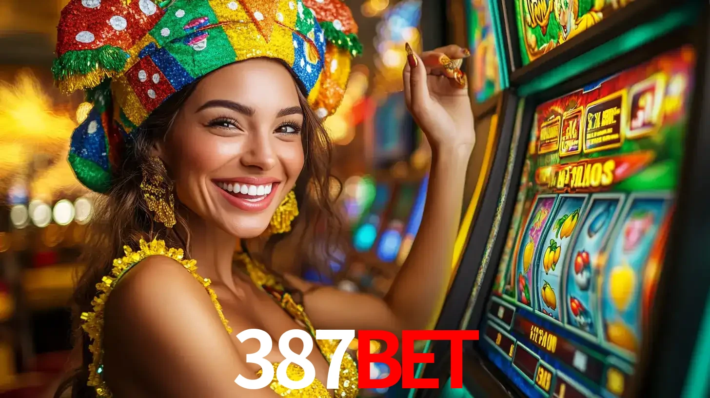 Mulher feliz com traje de carnaval amarelo e colorido ao lado de uma máquina de caça-níqueis, aproveitando a diversão e os jogos temáticos do cassino 387bet.