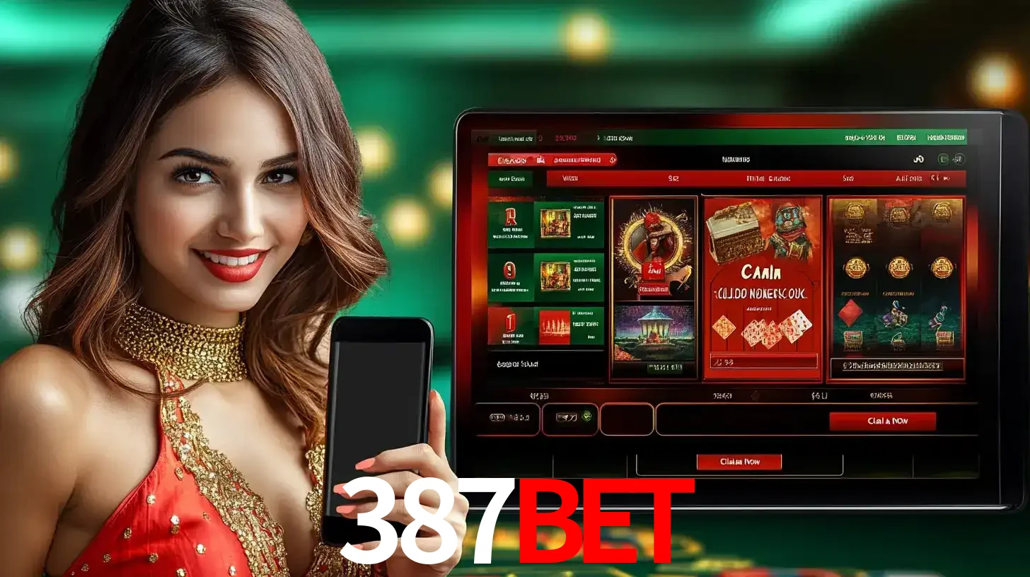 Mulher sorridente segurando um smartphone, ao lado de uma tela exibindo o lobby de jogos do cassino online 387bet, com várias opções de jogos de cartas e slots.